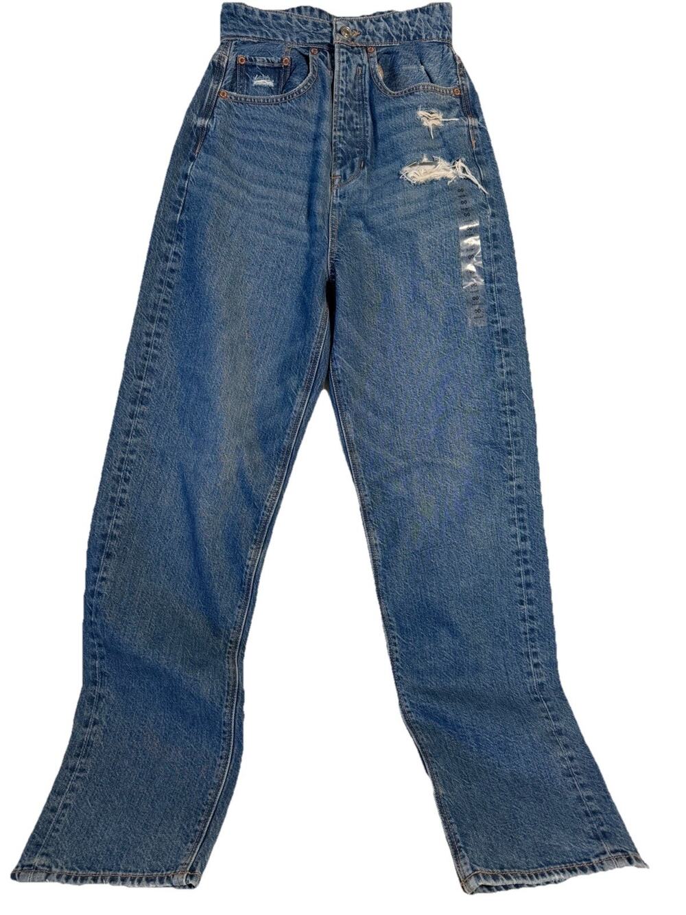 New American Eagle Baggy Jeans Women's 00 Short Blue Ripped Distressed Denim